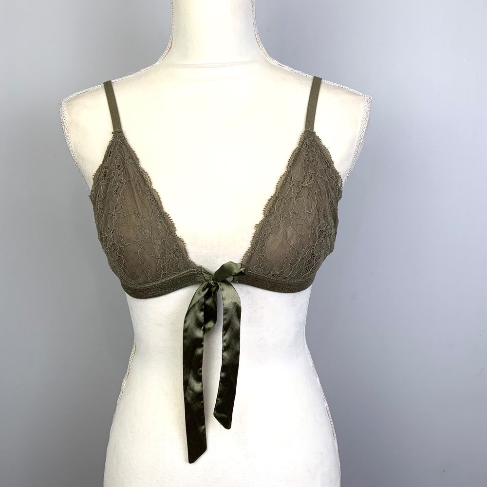 Out From Under Sz Large Olive Green Lace Front Tie Bow Triangle Bralette Bra